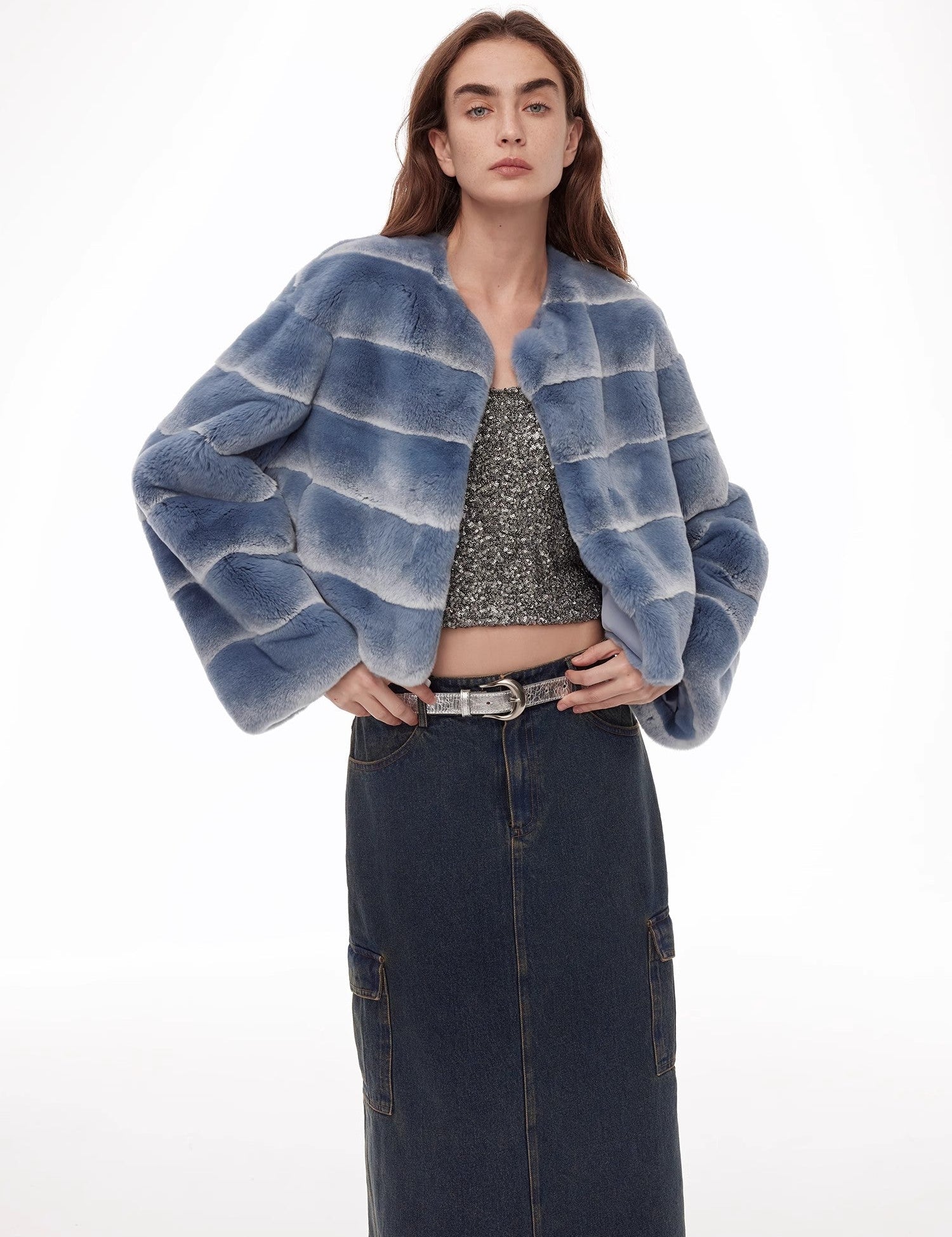 "Dream Chaser" round neck short horizontal spray stripe contrast color loose imported Rex rabbit fur coat - variant_title