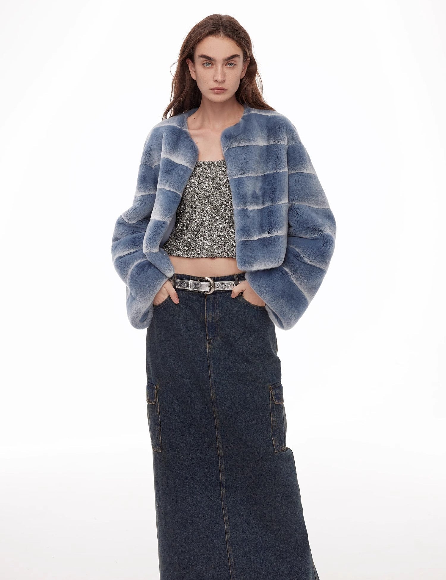 "Dream Chaser" round neck short horizontal spray stripe contrast color loose imported Rex rabbit fur coat - variant_title