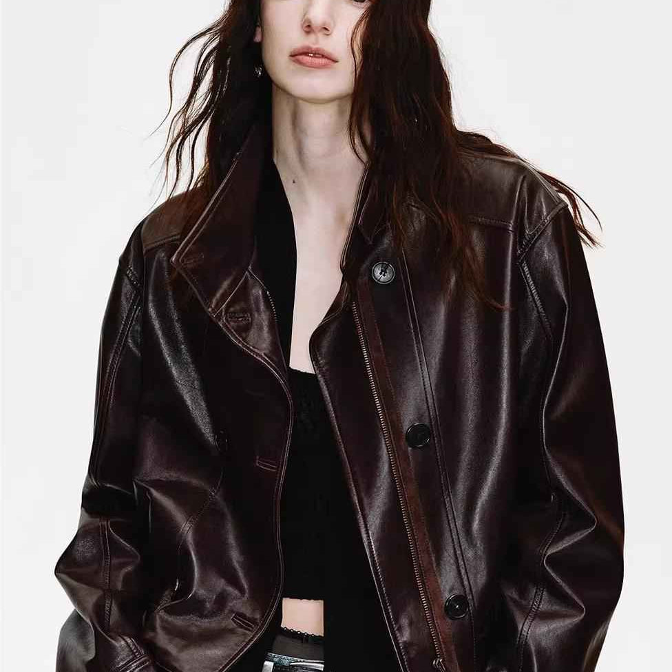 Firelady Fur Women's Double - Breasted Waxed Sheepskin Leather Jacket - Biker Style Short Coat with Belt "Heartbeat Radio" - variant_title