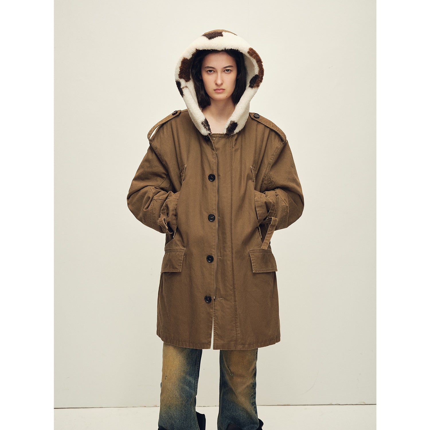 Firelady Fur Women’s Merino Sheepskin Parka with Fur Hood – Real Fur Cow Print Coat"Wild Heartbeat" - variant_title