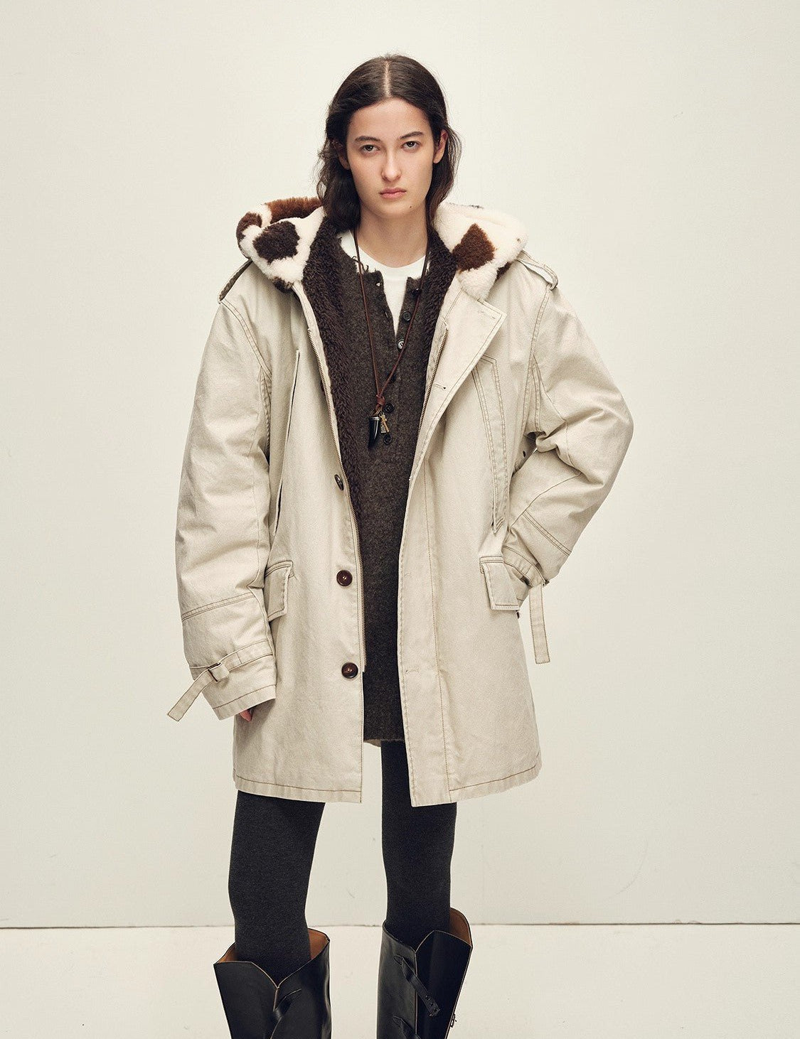 Firelady Fur Women’s Merino Sheepskin Parka with Fur Hood – Real Fur Cow Print Coat"Wild Heartbeat" - variant_title