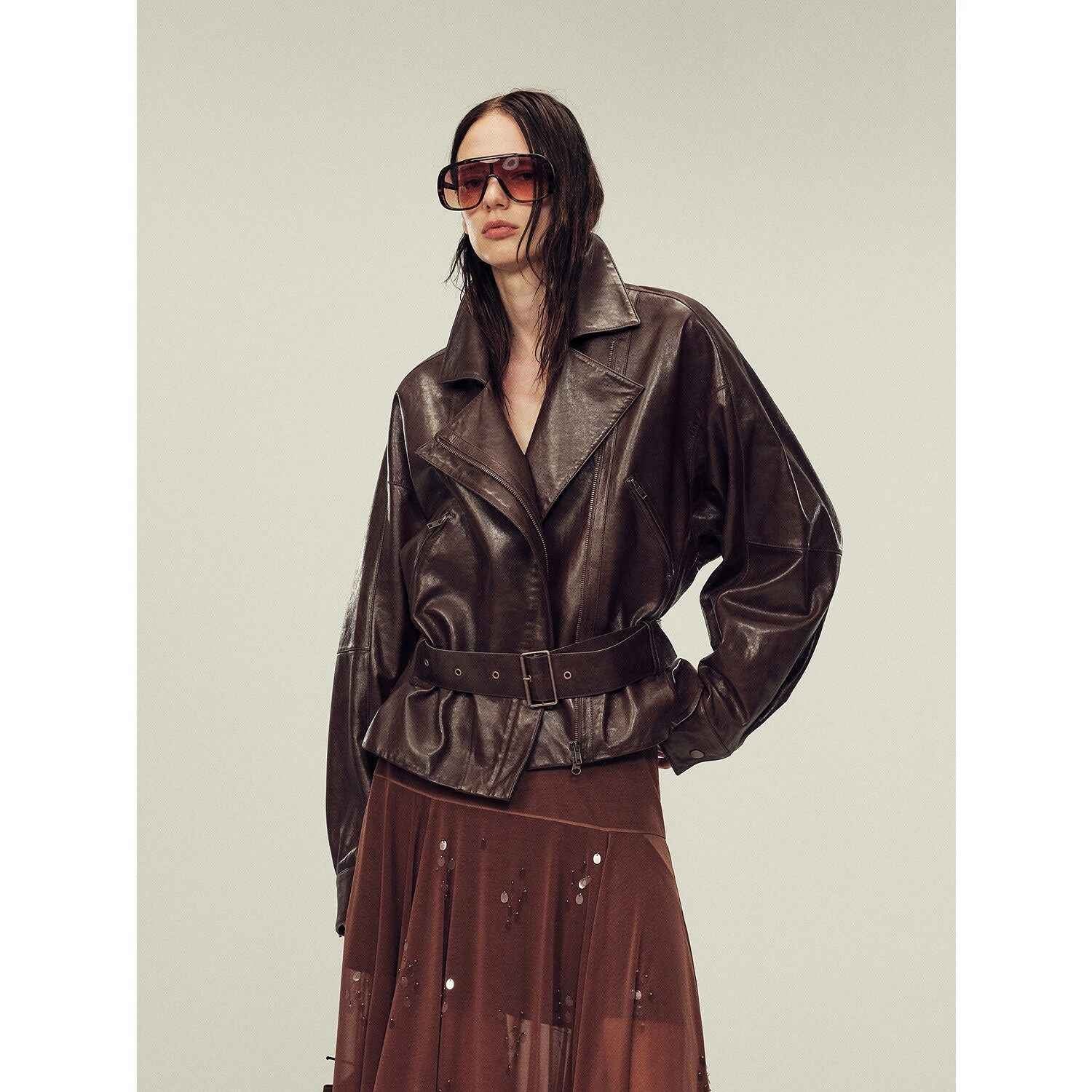 Firelady Fur Women's Two - Tone Waxed Sheepskin Leather Jacket - Belted Lapel Short Coat "Modern Queen" - variant_title