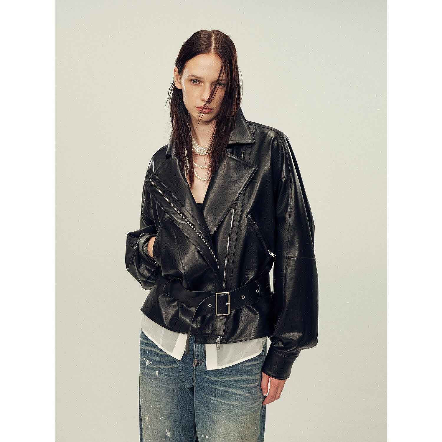 Firelady Fur Women's Two - Tone Waxed Sheepskin Leather Jacket - Belted Lapel Short Coat "Modern Queen" - variant_title