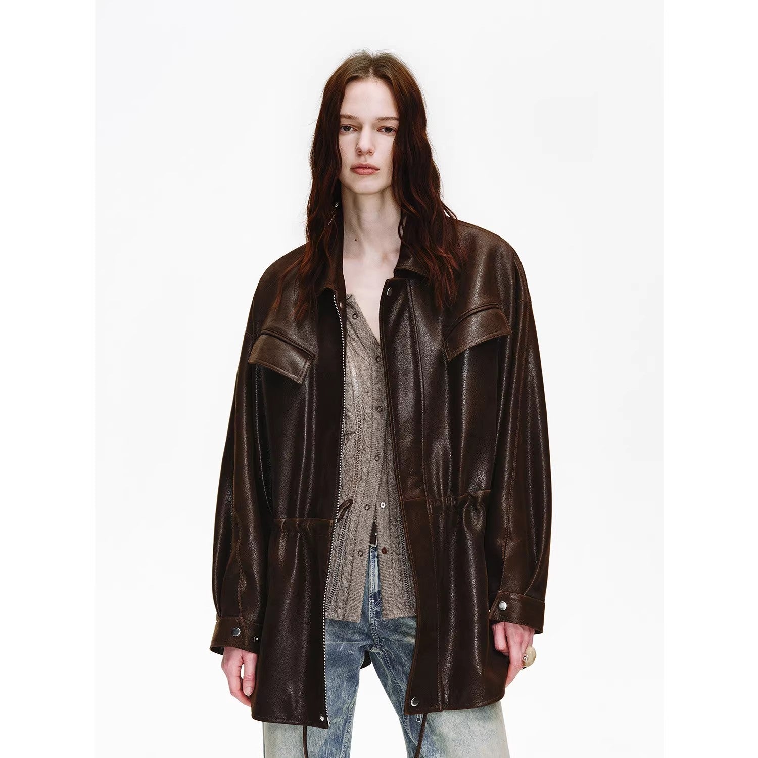 Firelady Fur Women's Waxed Lambskin Leather Jacket - Drawstring Waist Workwear Style "Time Traveler" - variant_title