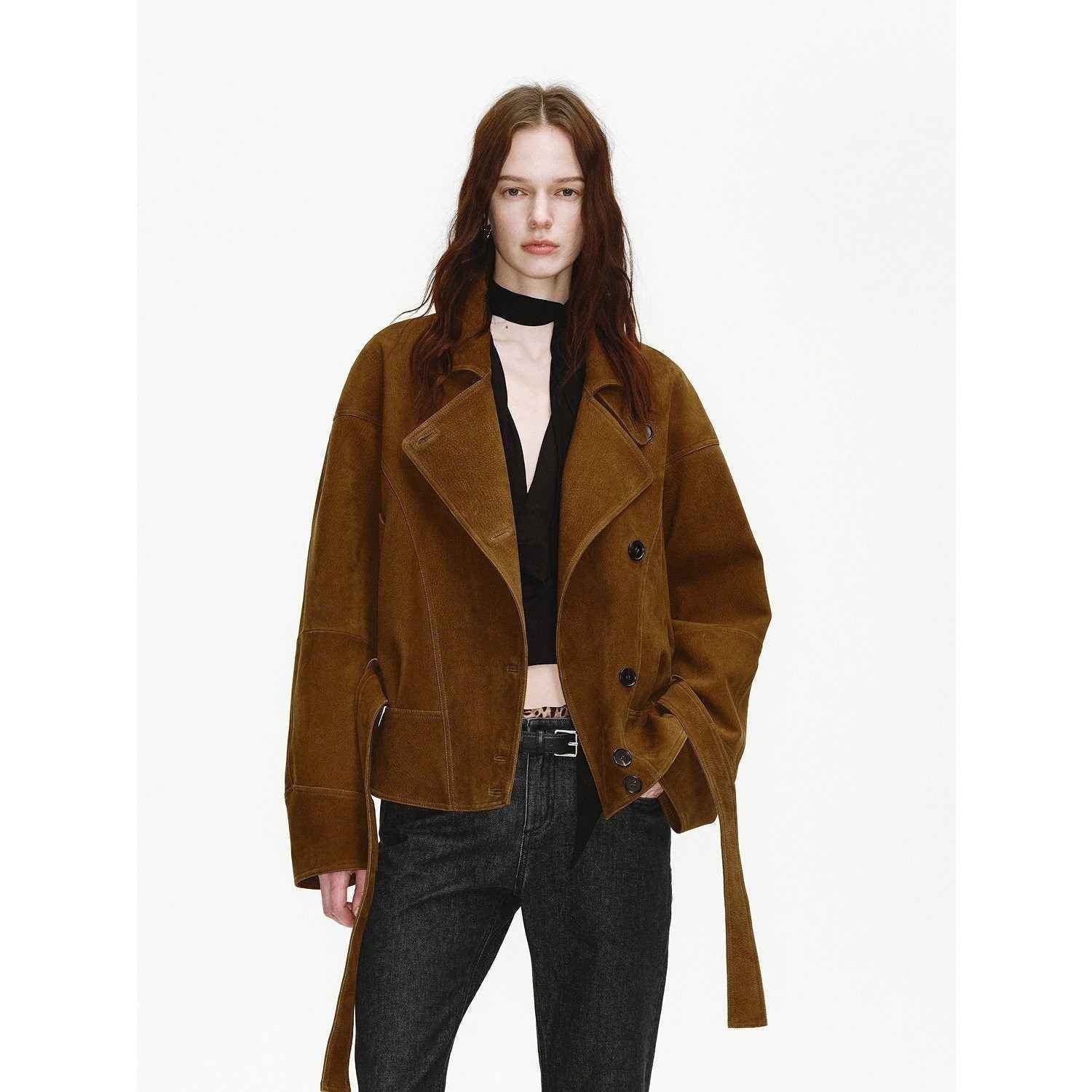 Firelady Fur Women's Waxed Sheepskin Biker Coat - Belted Asymmetric Lapel "Peninsula Black Tea" - variant_title