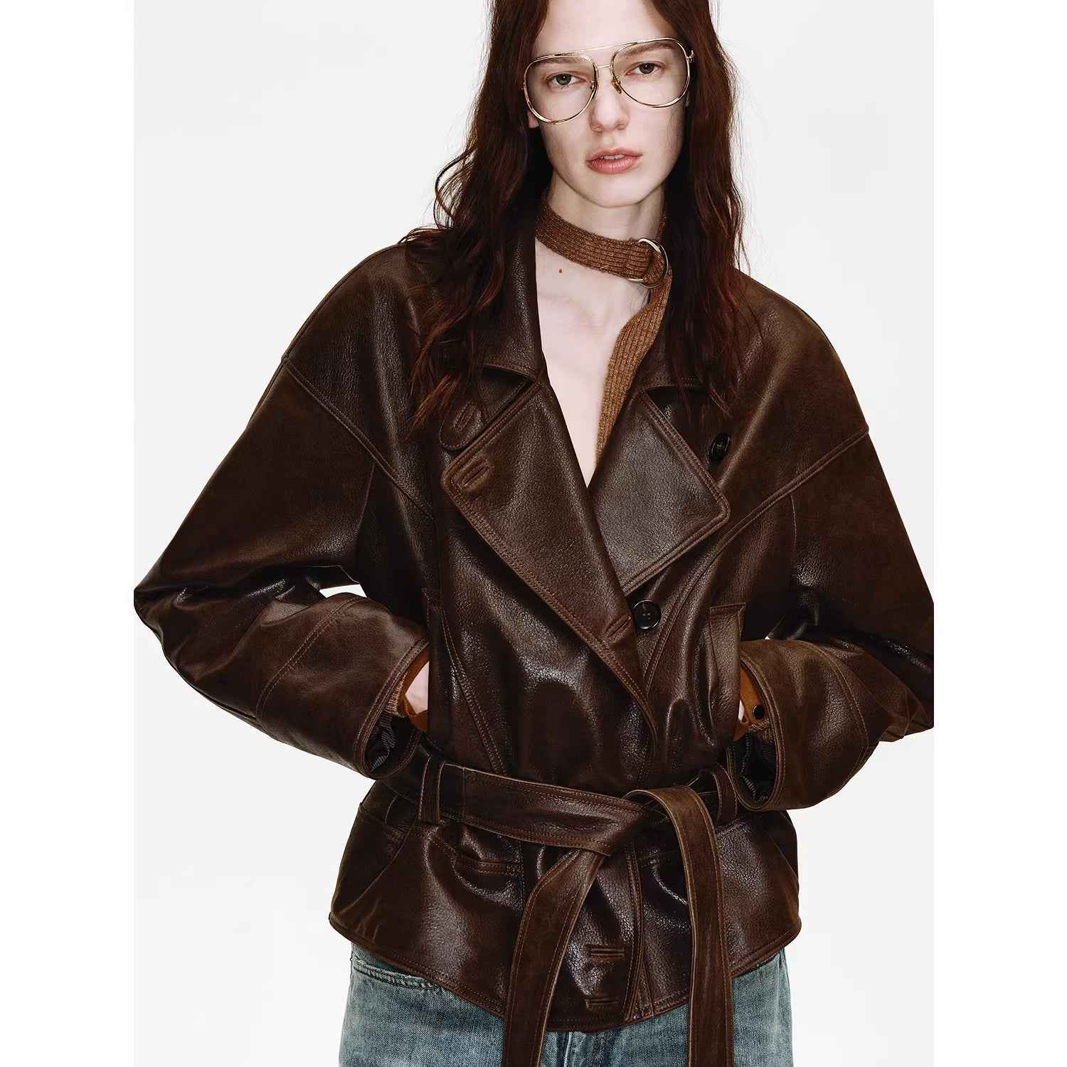 Firelady Fur Women's Waxed Sheepskin Biker Coat - Belted Asymmetric Lapel "Peninsula Black Tea" - variant_title