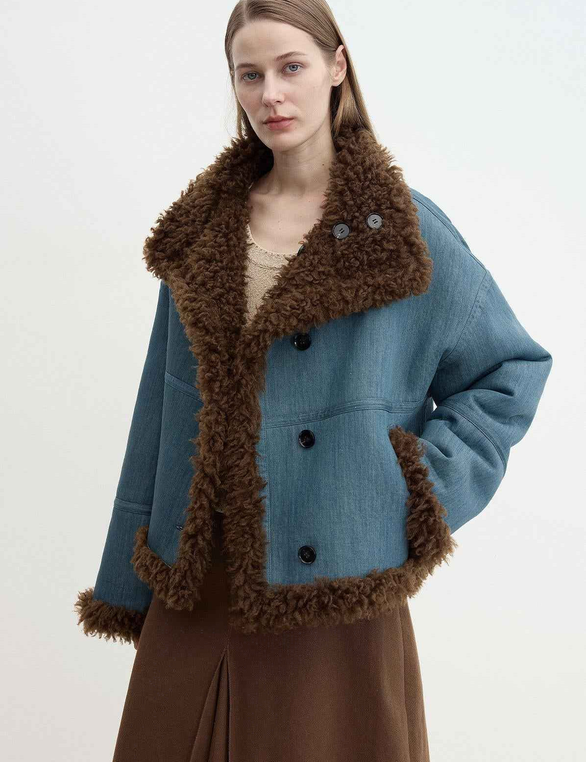 Fireladyfur Women's Faux Leather Shearling Jacket - Long Reversible Wool Coat Christmas Elk Design - variant_title