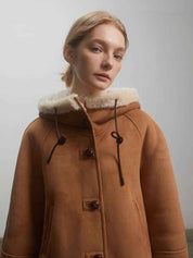 Fireladyfur Women's Faux Leather Shearling Jacket - Short Hooded Reversible Winter Coat Danish Style - variant_title