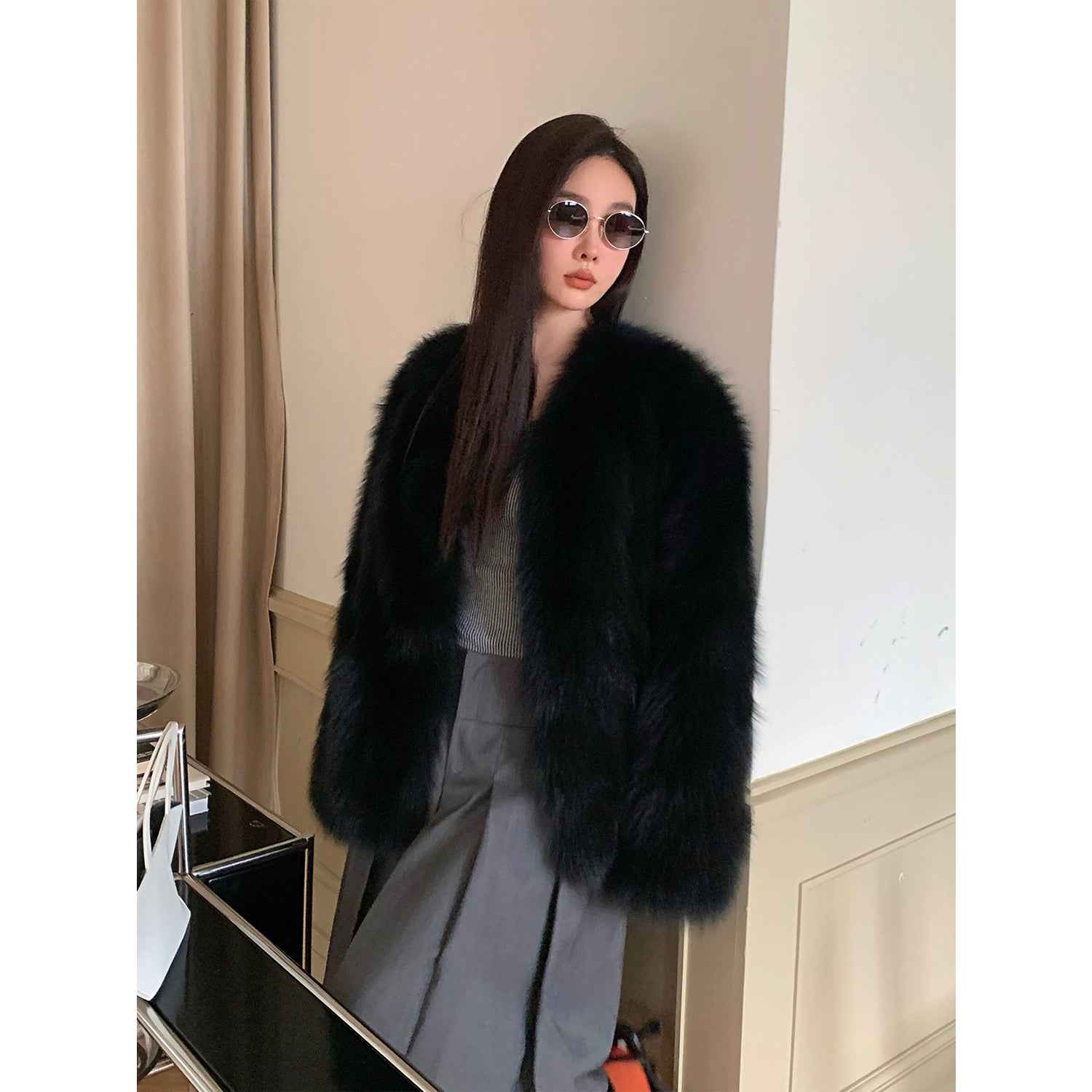 Fireladyfur Women's Finland Saga Fox Fur Fashion Cardigan“Black Sugar” - variant_title