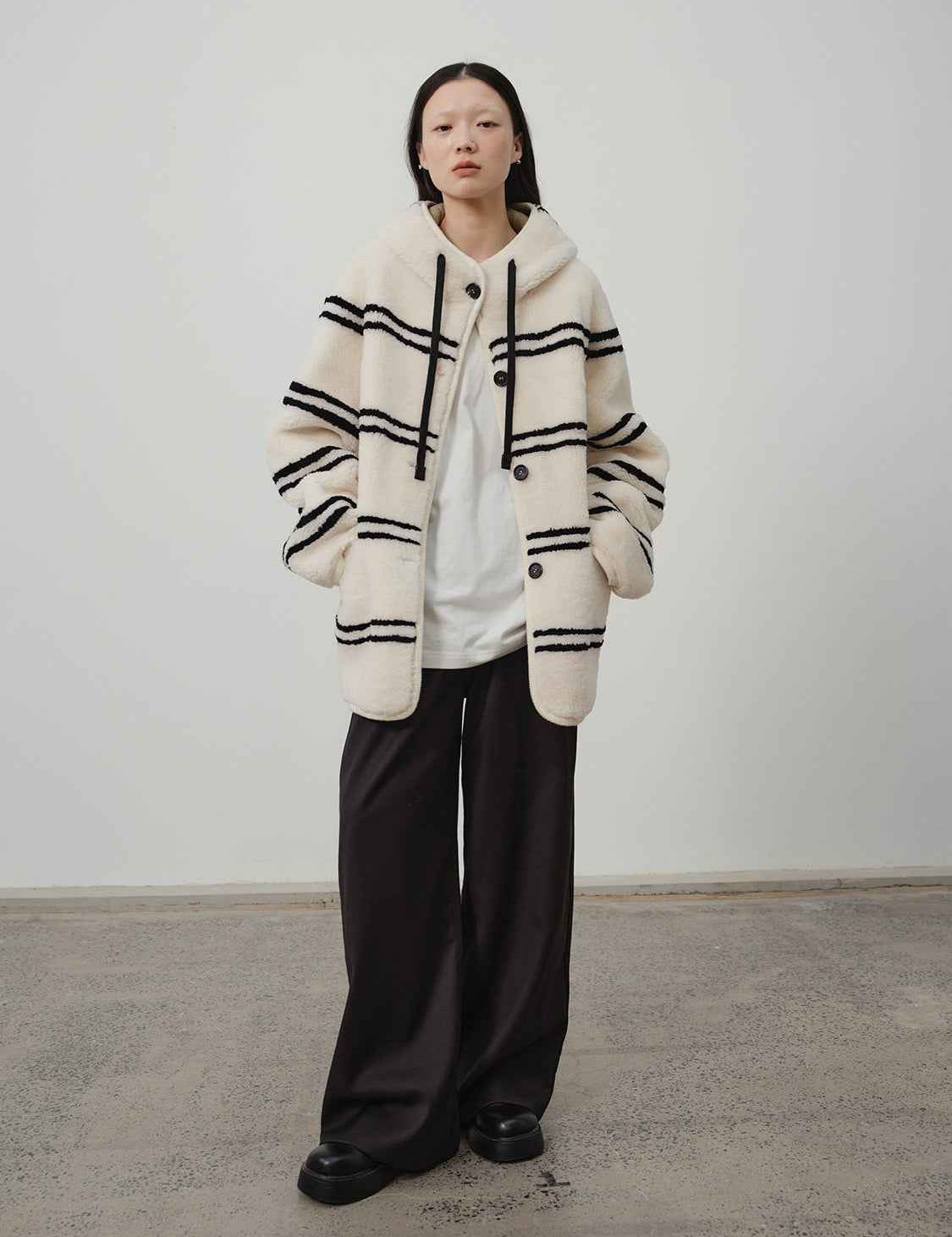 Fireladyfur Women's Lamb Wool Striped Jacket“Snowy New Year” - variant_title