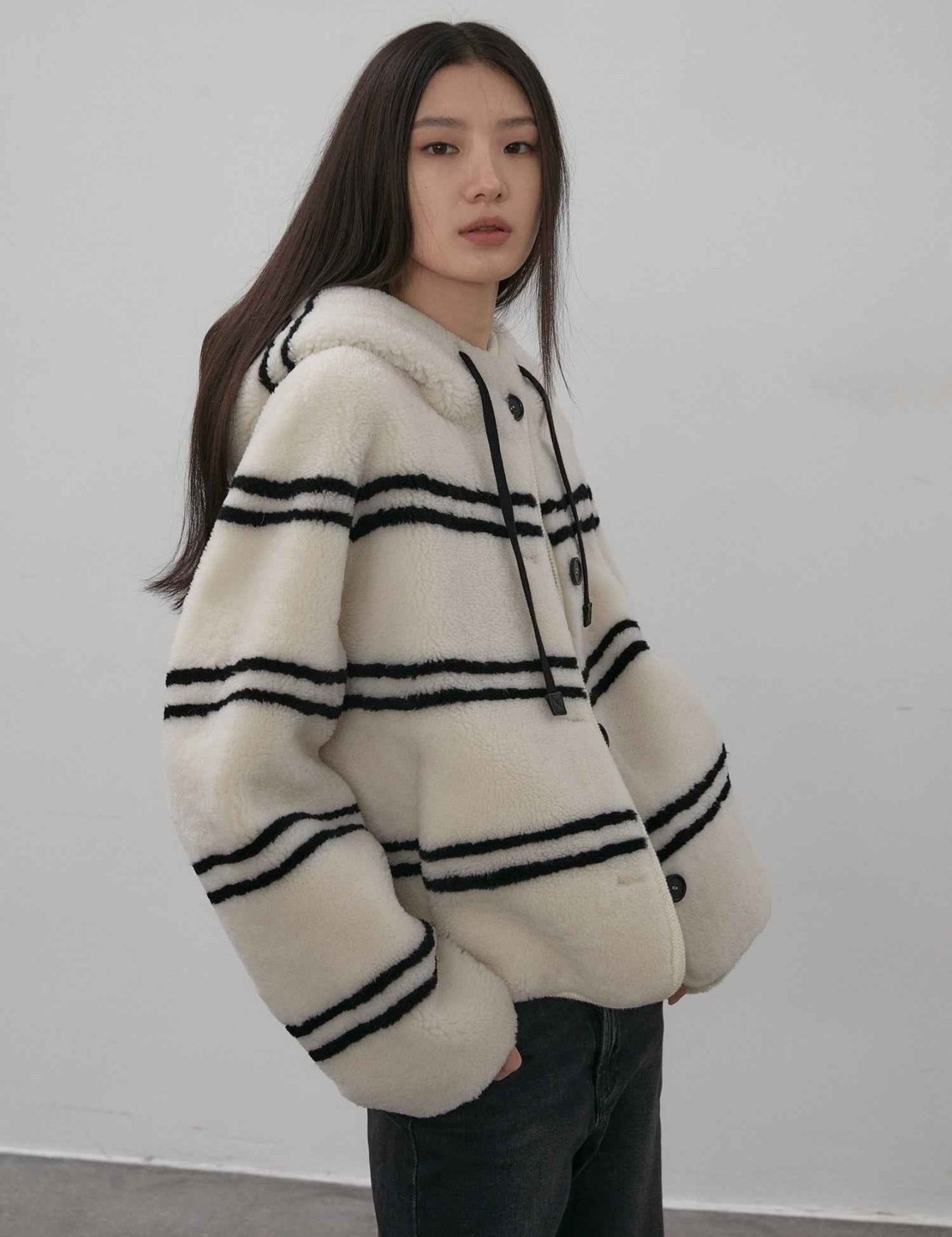 Fireladyfur Women's Lamb Wool Striped Jacket“Snowy New Year” - variant_title