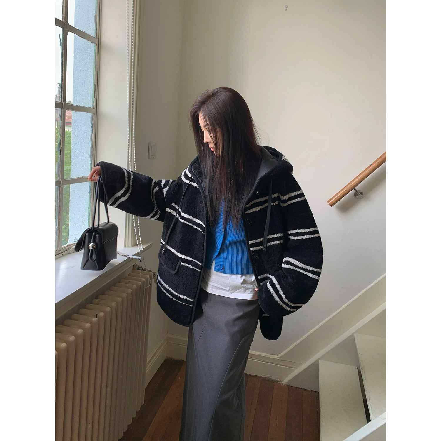 Fireladyfur Women's Lamb Wool Striped Jacket“Snowy New Year” - variant_title