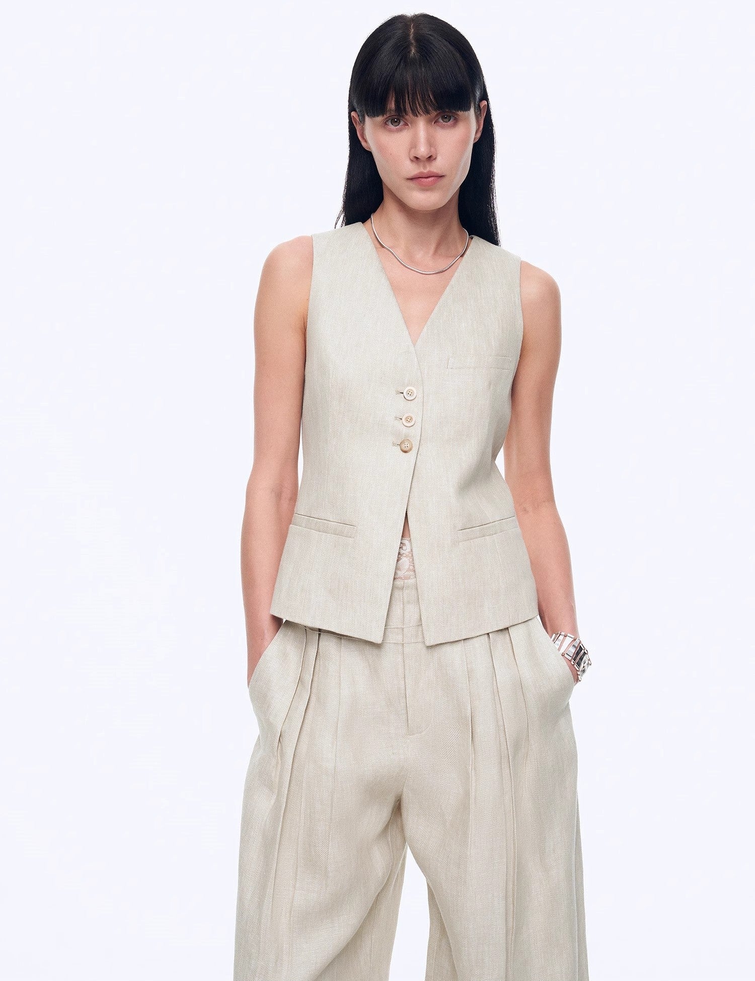 Fireladyfur Women's Linen Suit Set: Draped Vest & High - Waist Straight Trousers"Old Money Space" - variant_title