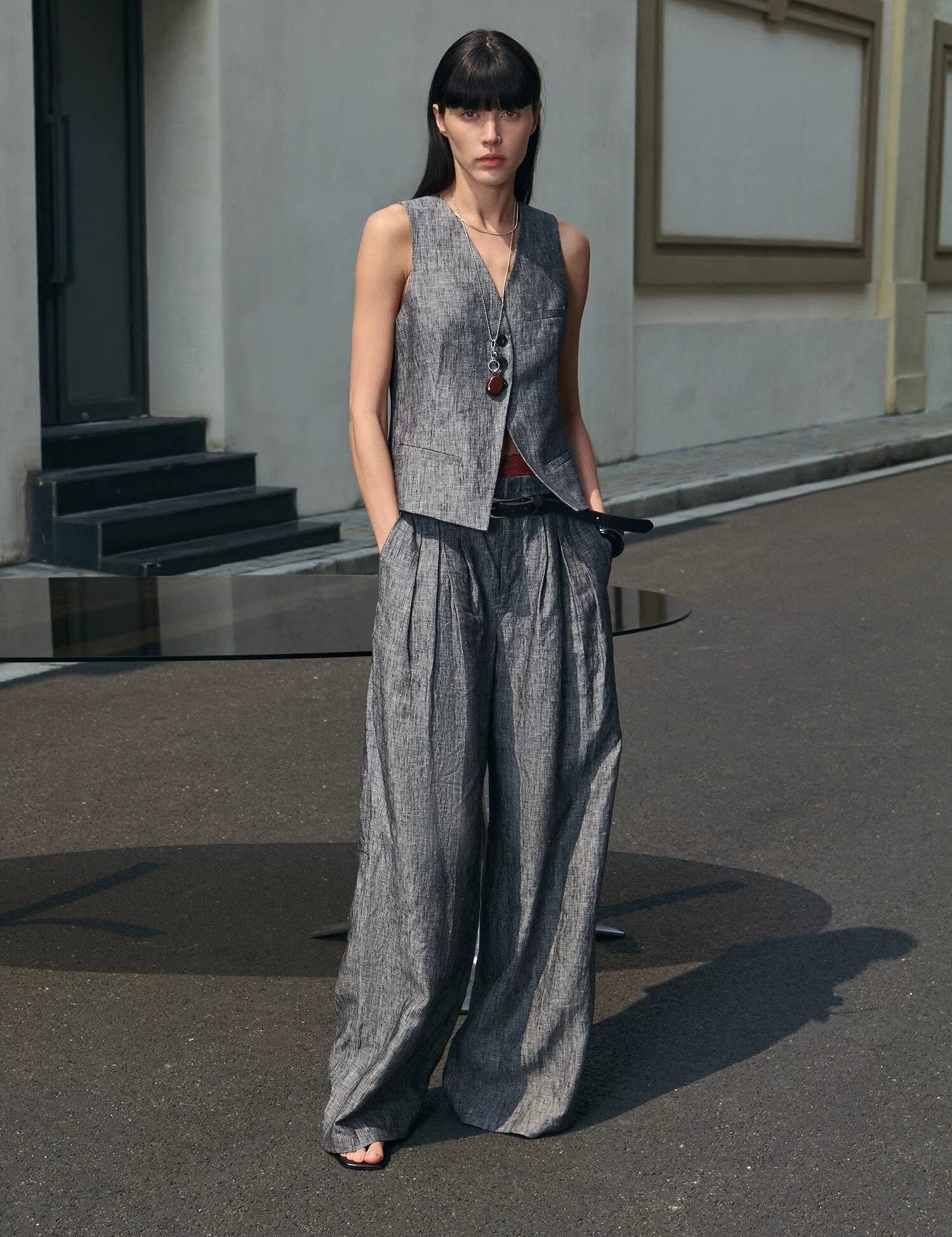 Fireladyfur Women's Linen Suit Set: Draped Vest & High - Waist Straight Trousers"Old Money Space" - variant_title