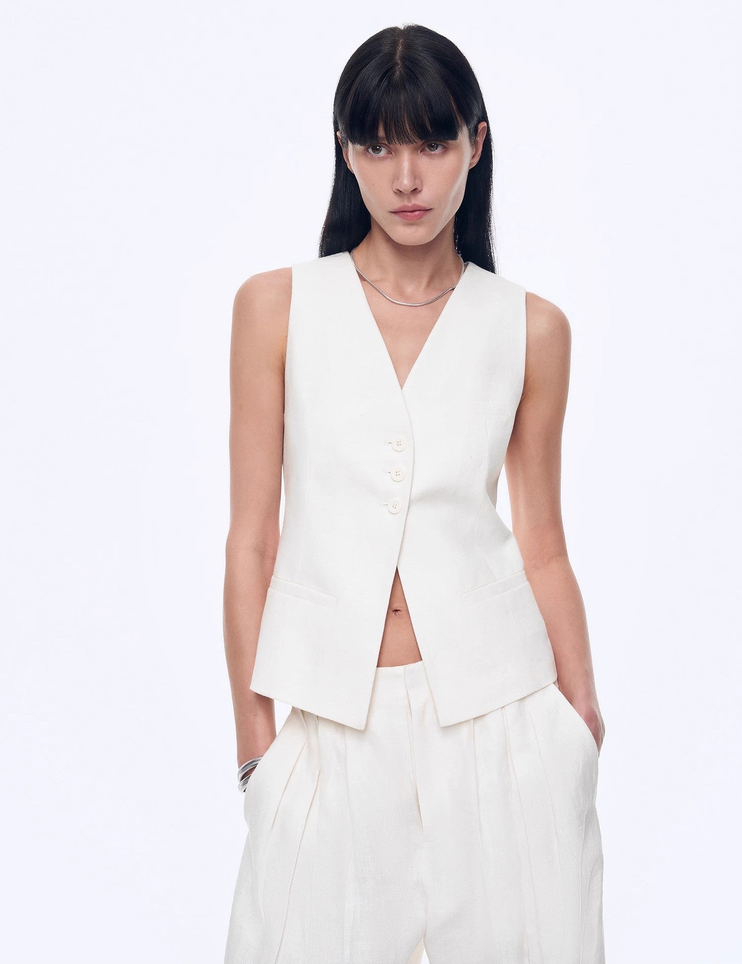 Fireladyfur Women's Linen Suit Set: Draped Vest & High - Waist Straight Trousers"Old Money Space" - variant_title