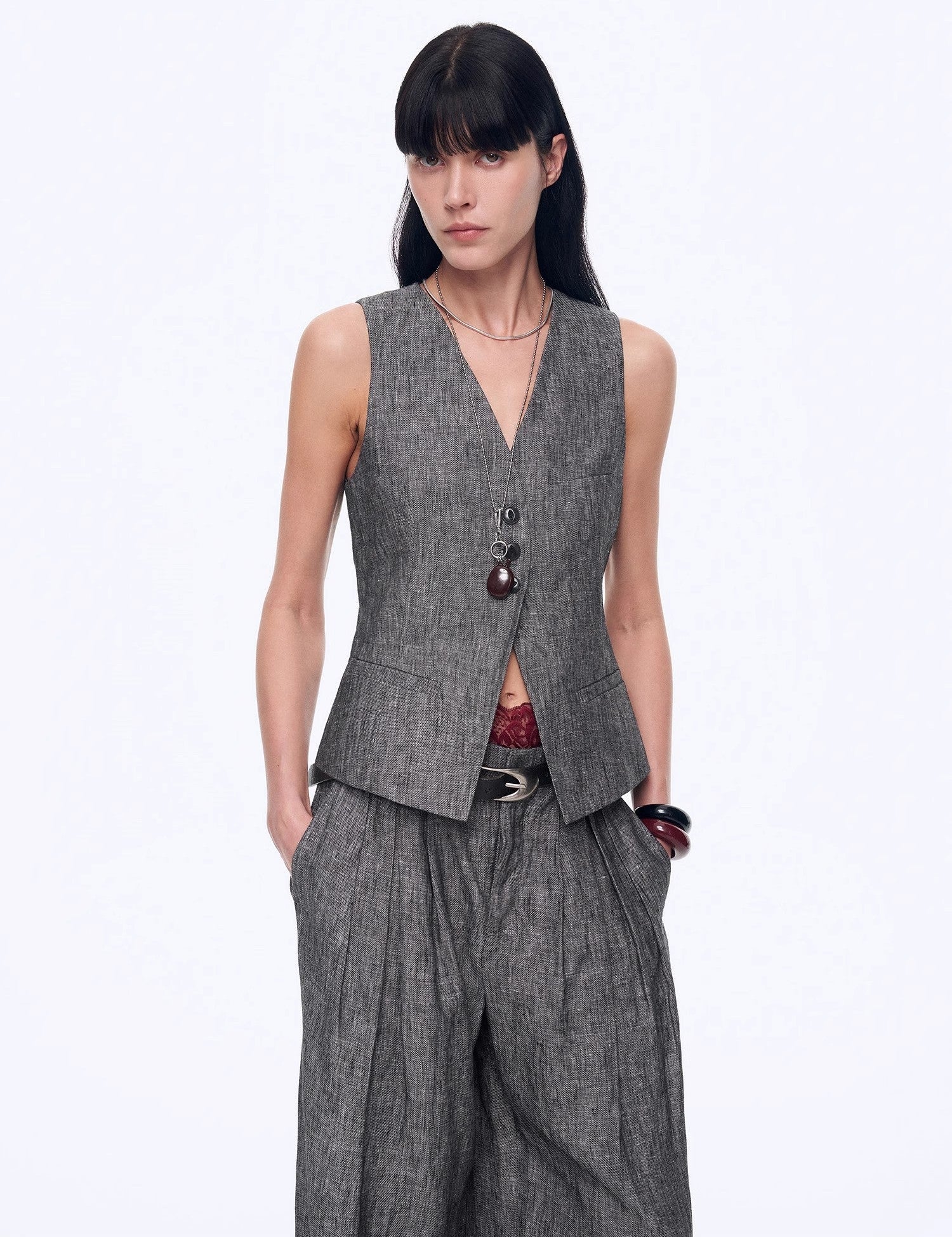 Fireladyfur Women's Linen Suit Set: Draped Vest & High - Waist Straight Trousers"Old Money Space" - variant_title