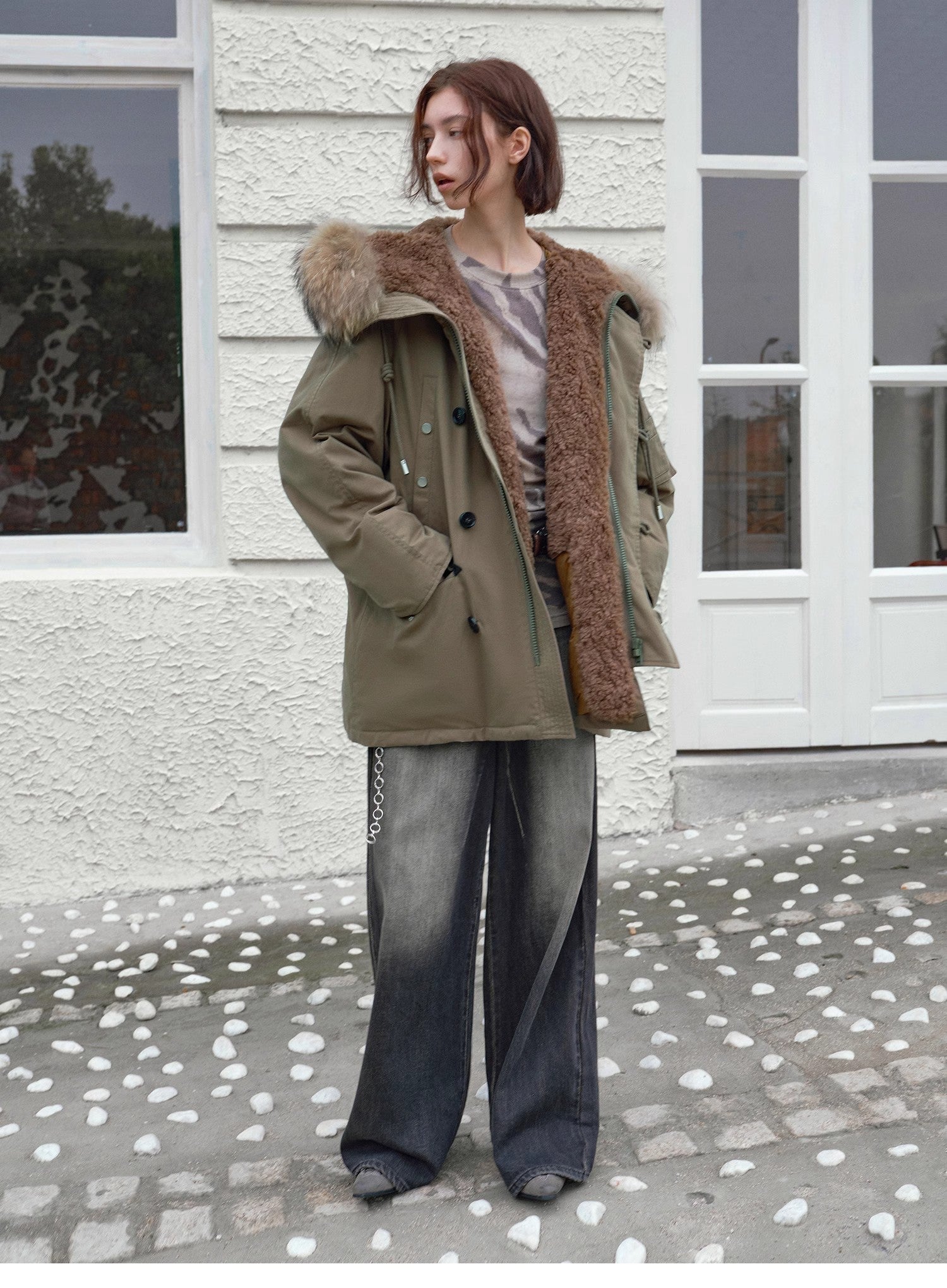 Fireladyfur Women's Shearling Lined Down Parka with Raccoon Fur Collar hood"Coastal Highway II" - variant_title