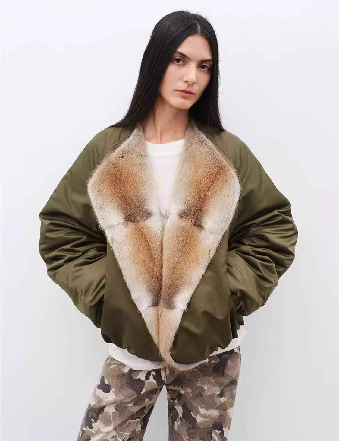 Fireladyfur Women's Short Colorblock Parka with Sable Muskrat Fur Collar and Goose Down"Hull Contract" - variant_title