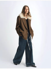 Fireladyfur Wool Tweed Coat with Detachable Fur Collar"Vertical Texture" - variant_title