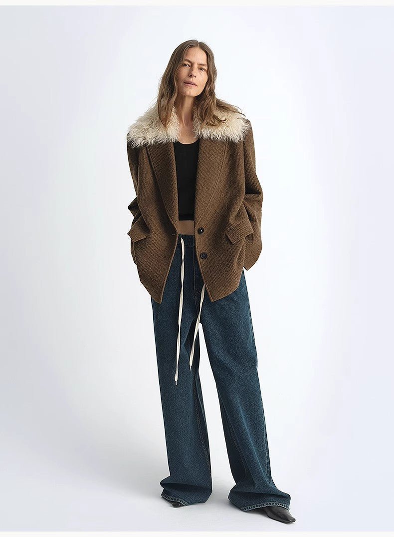 Fireladyfur Wool Tweed Coat with Detachable Fur Collar"Vertical Texture" - variant_title