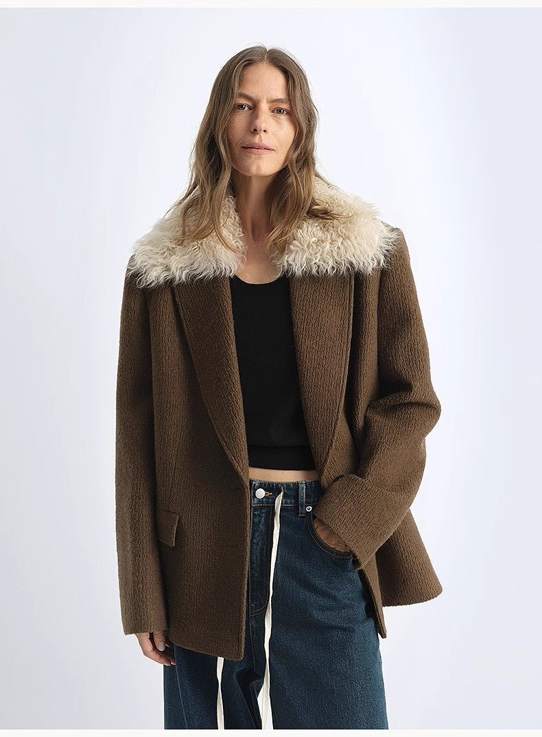 Fireladyfur Wool Tweed Coat with Detachable Fur Collar"Vertical Texture" - variant_title