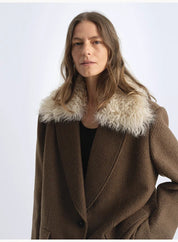 Fireladyfur Wool Tweed Coat with Detachable Fur Collar"Vertical Texture" - variant_title