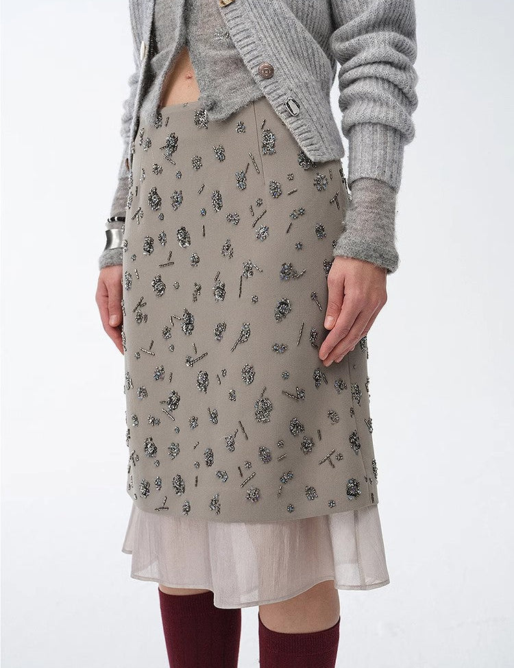 "Flowers and Her" irregular hand - embroidered sequin skirt - variant_title