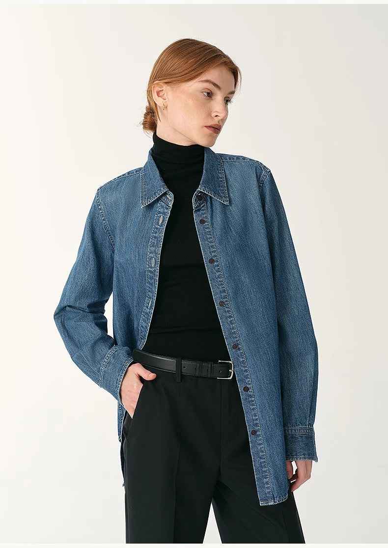 Italian imported BERTO denim classic old money style lapel shirt for women - variant_title