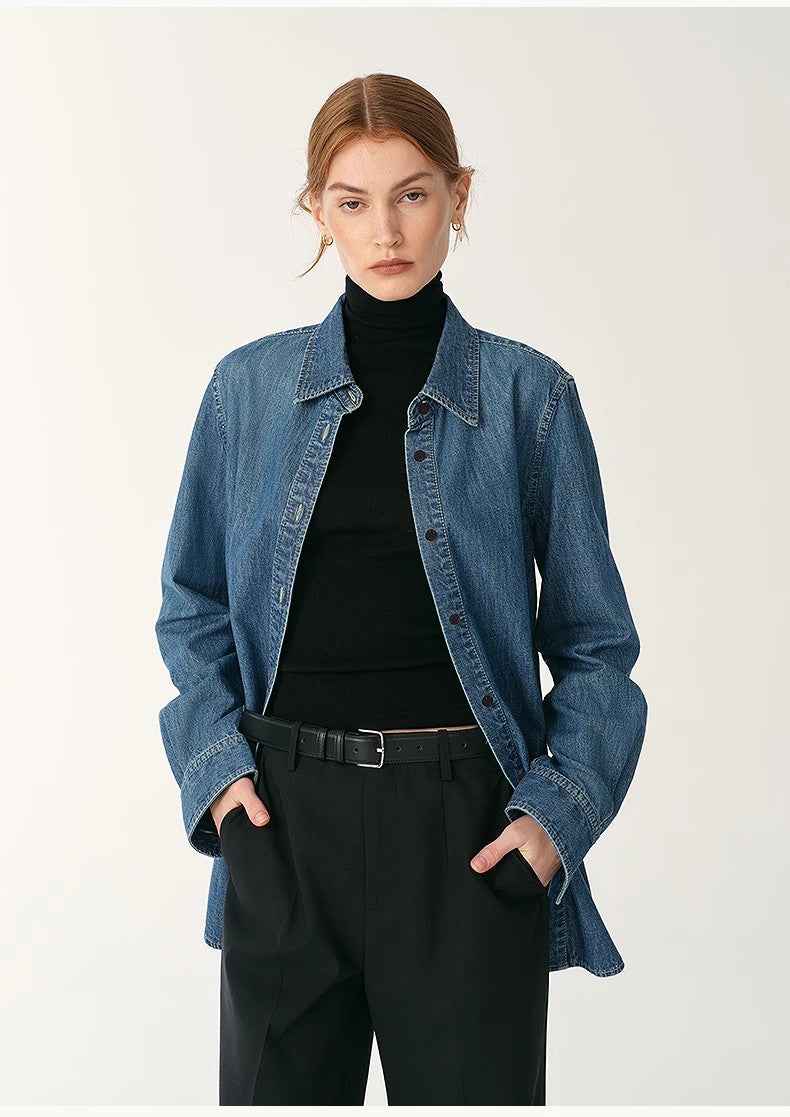 Italian imported BERTO denim classic old money style lapel shirt for women - variant_title