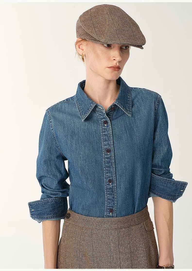 Italian imported BERTO denim classic old money style lapel shirt for women - variant_title