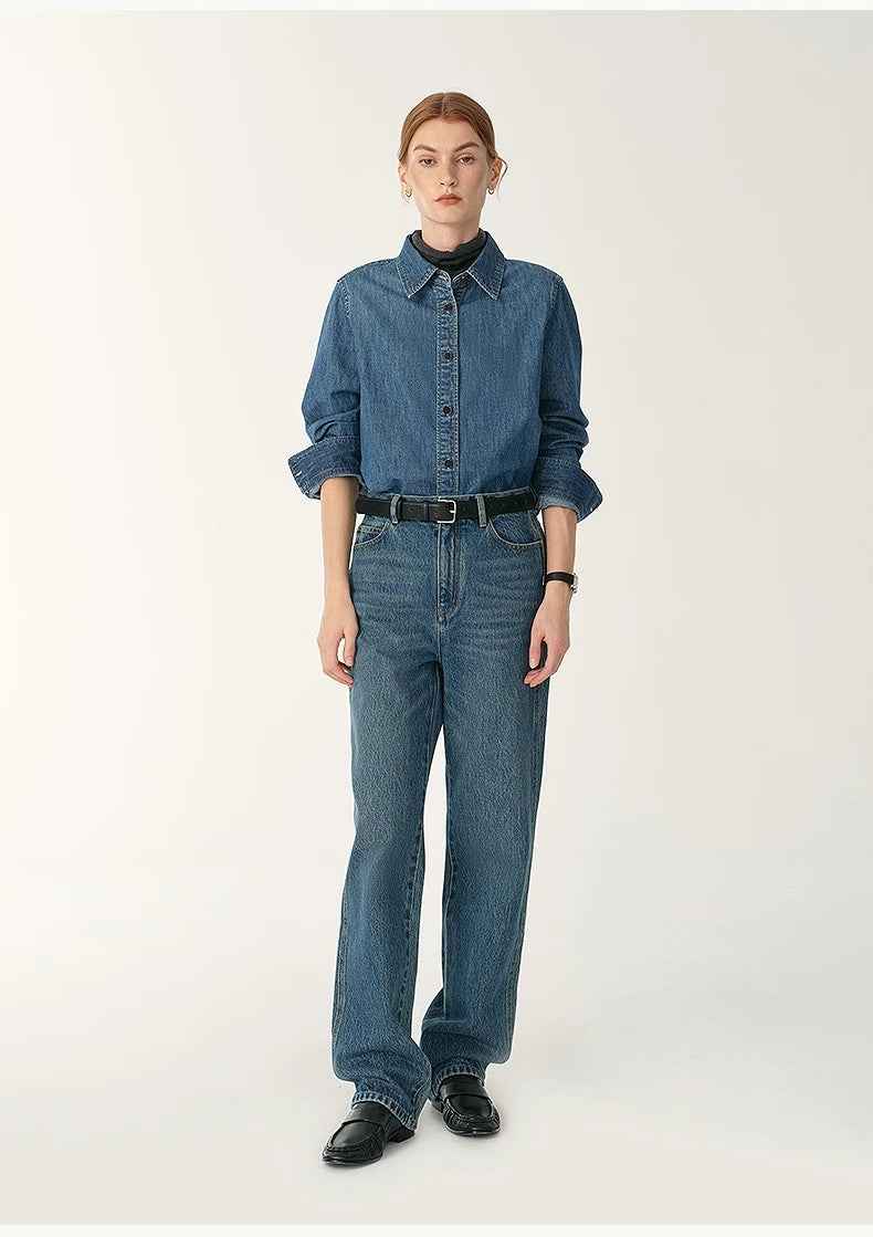 Italian imported BERTO denim classic old money style lapel shirt for women - variant_title