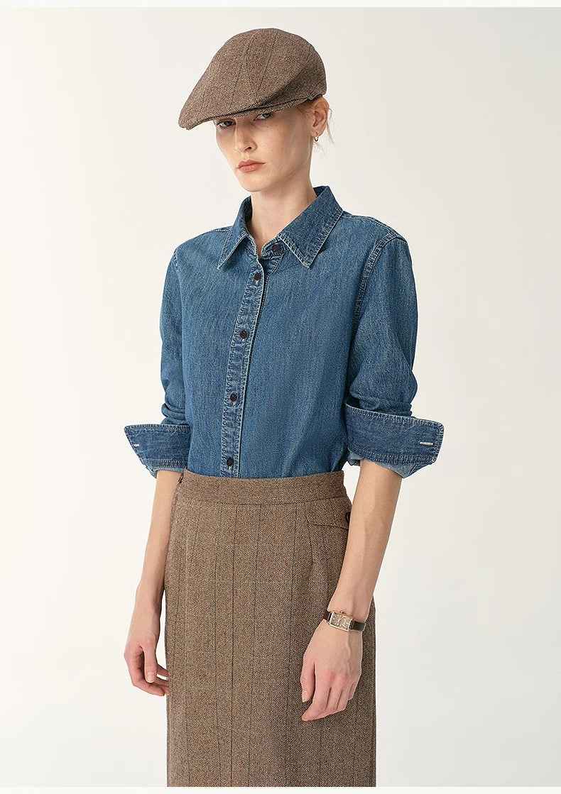 Italian imported BERTO denim classic old money style lapel shirt for women - variant_title