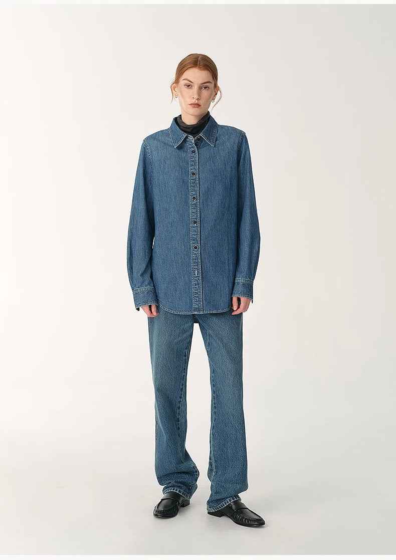 Italian imported BERTO denim classic old money style lapel shirt for women - variant_title