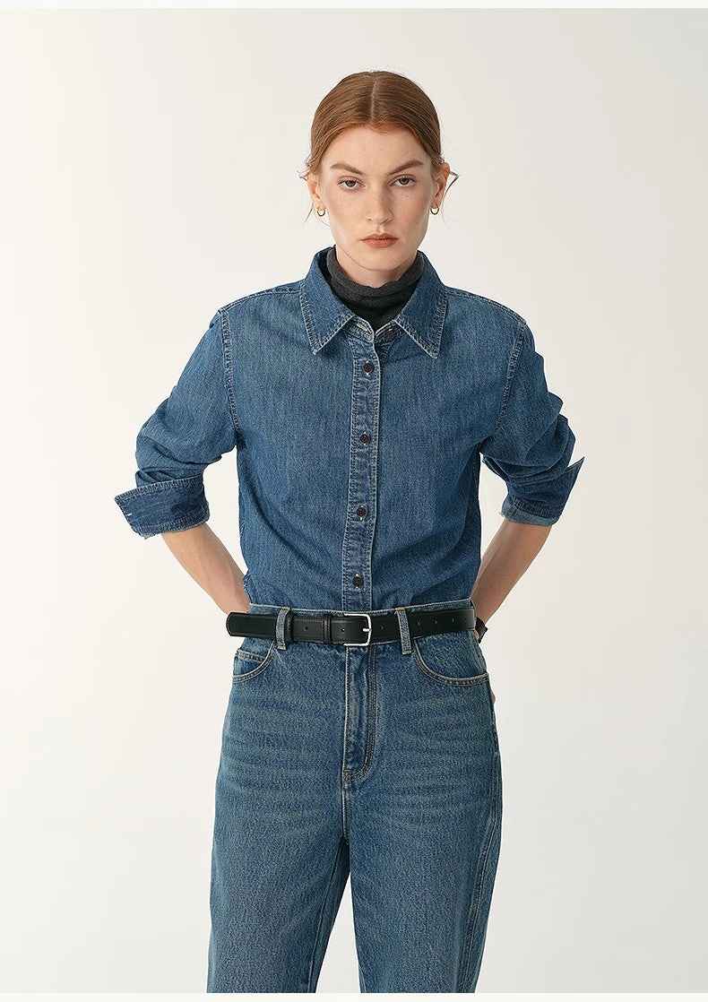 Italian imported BERTO denim classic old money style lapel shirt for women - variant_title