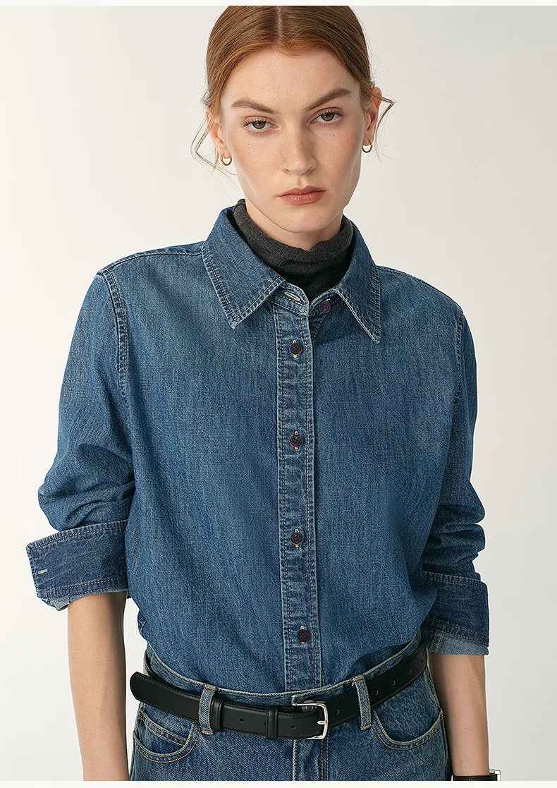 Italian imported BERTO denim classic old money style lapel shirt for women - variant_title