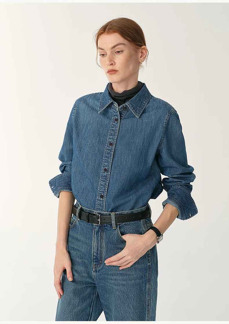 Italian imported BERTO denim classic old money style lapel shirt for women - variant_title