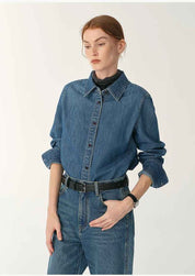 Italian imported BERTO denim classic old money style lapel shirt for women - variant_title