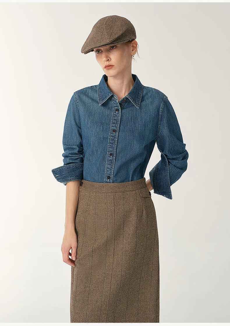 Italian imported BERTO denim classic old money style lapel shirt for women - variant_title