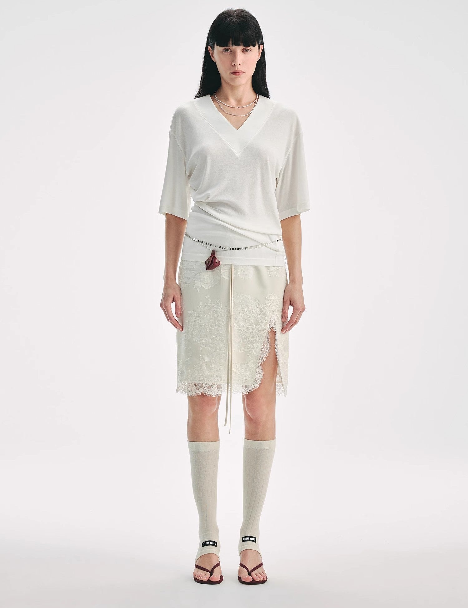 "Lingering Soft Light" Paneled Irregular Lace Straight - Cut Split Skirt - variant_title