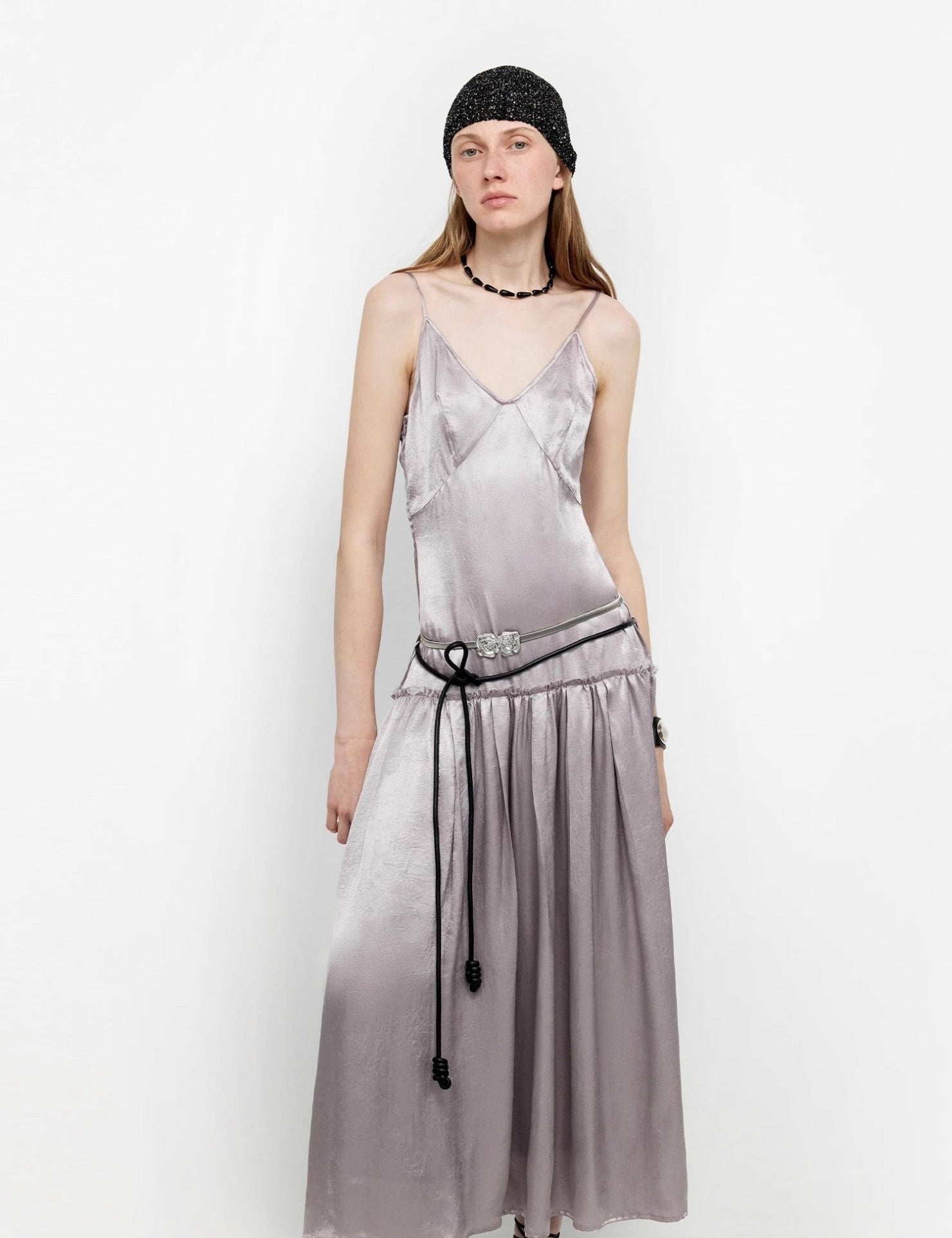 Luxurious and light, glossy and silky 100% acetate low - waisted long suspender dress "Girls' Letterhead" - variant_title