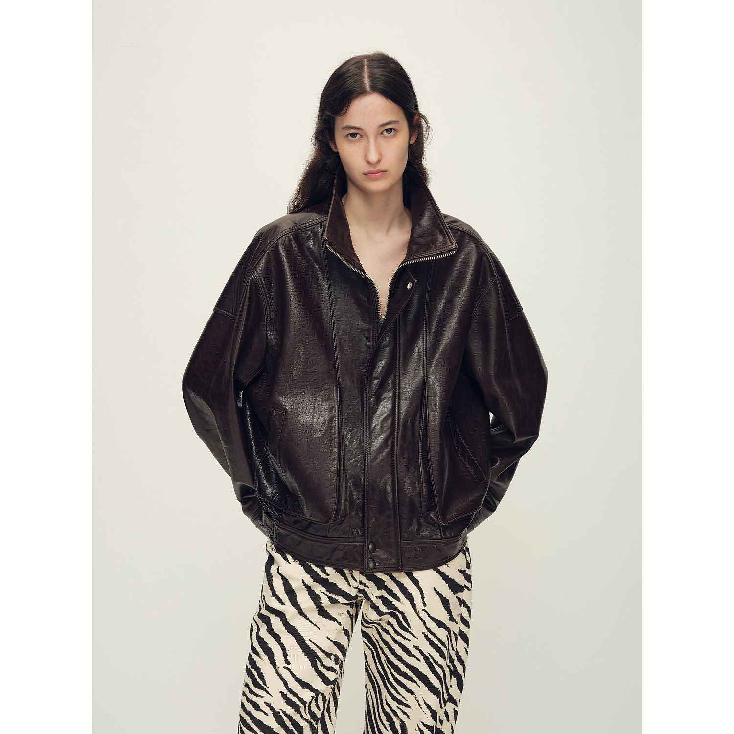 Vintage Waxed Sheepskin Oversized Stand Collar Leather Jacket "Flight Notes"