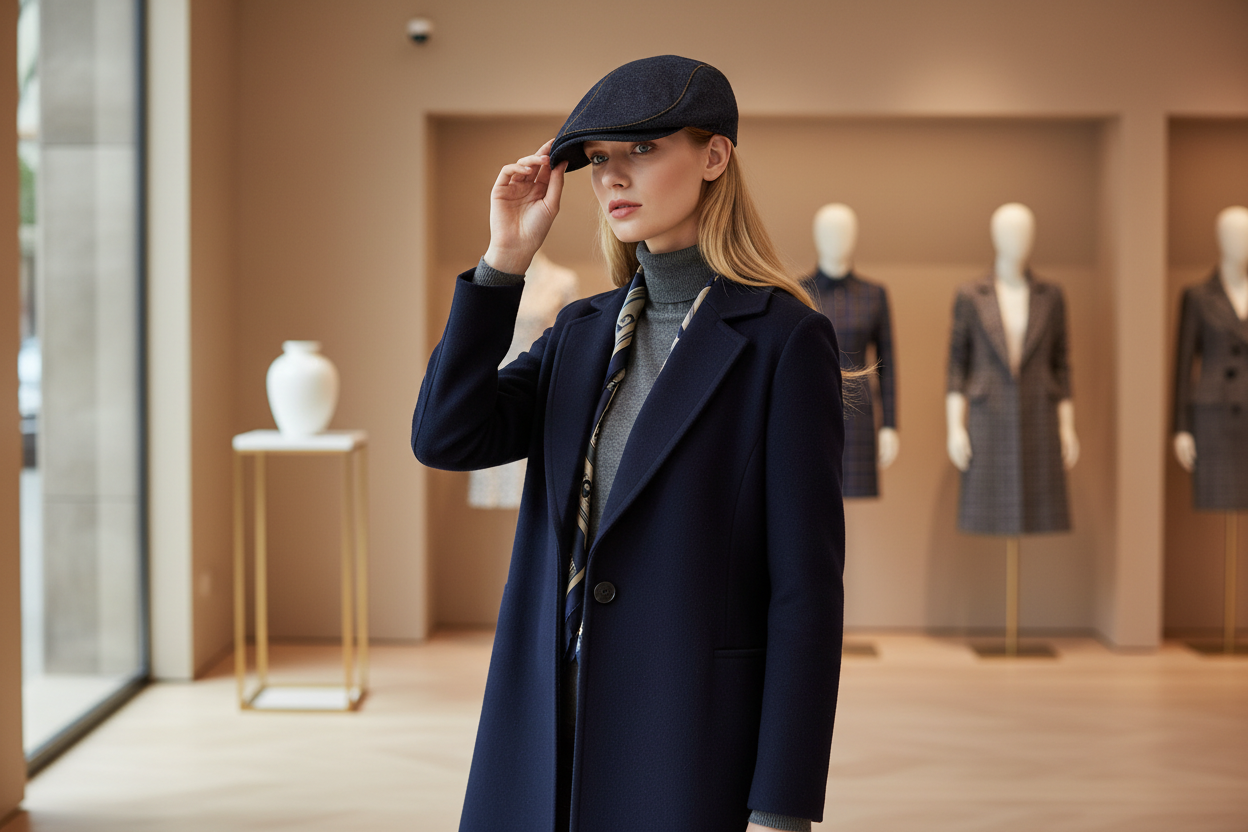 Firelady Fur | Women‘s Leather Beret in Distressed Denim with Waxed Velvet Flock