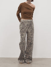 “Wild roar”vintage original leopard print Turkish imported washed slimming straight-leg bootcut jeans