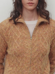 "Romantic Cable" vintage warm flower basic mohair wool cable blend zipper knitted cardigan