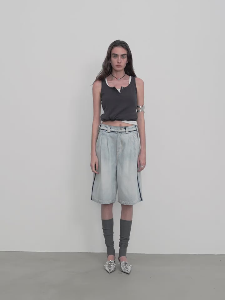 “Unruly Sonata” Neutral Style Loose Feeling Imported Washed Mid Rise Bumped Side Wide Leg Washed Denim Mid Pants