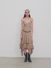 "Heart-beating Invitation" Lazy copper-ammonia rayon V-neck irregular adjustable mid-length suspender dress