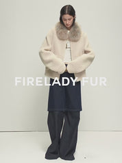 Firelady Fur Women's Merino Shearling Coat | Layered Patch-Dyed Raccoon Fur Collar“Hokkaido Melody”
