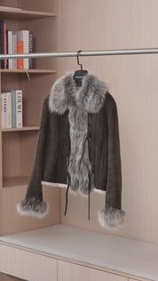 Fireladyfur Women's Shearling Coat - Imported Merino Wool Patchwork Fox Fur Collar Florence