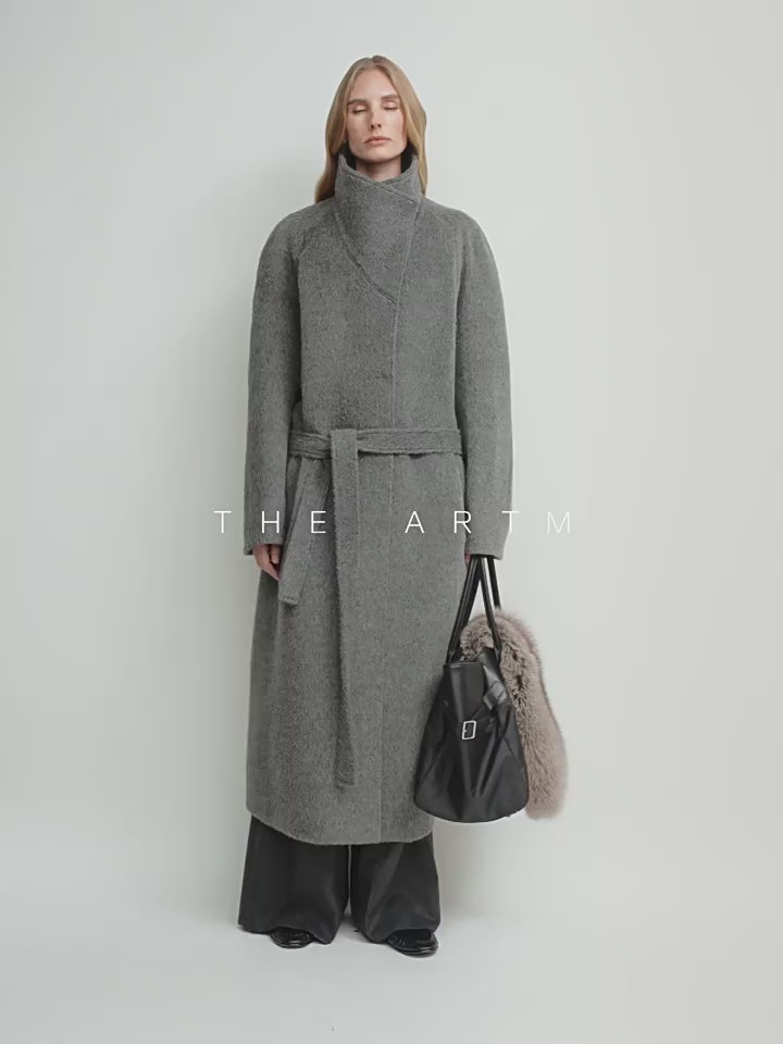 THE ARTM Women's Alpaca Wool Blend Coat - A-Line Lapel Long Coat "Architectural Grace"