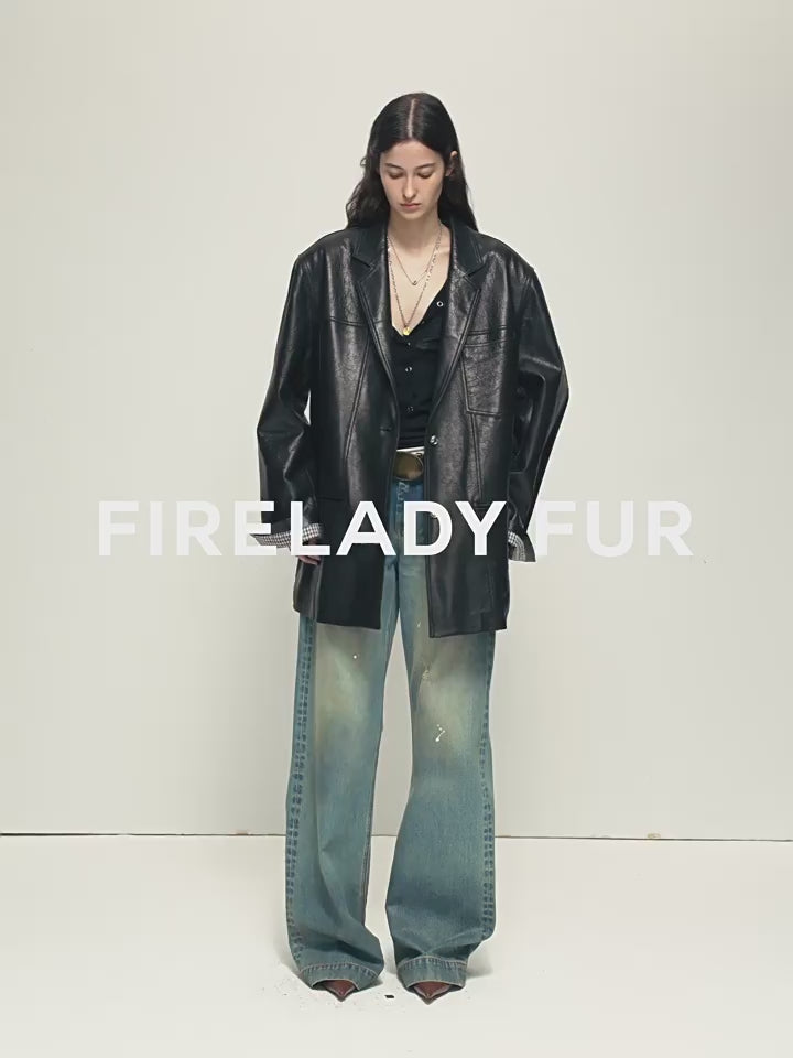 Firelady Fur Women‘s Genuine Lambskin Leather Jacket - Imported Vegetable-Tanned Suede, “Oversized Leather Blazer”